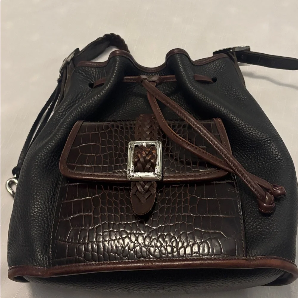 VTG Brighton Black & Brown silver Bucket Bag Crocodile print pebbled leather 90s - Picture 2 of 15